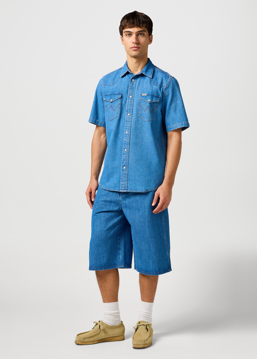 Meska Koszula Materialowe Wrangler Short Sleeve Western Shirt Mid Wash - 112362743