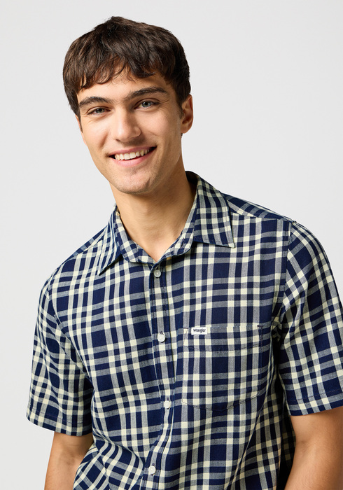 Meska Koszula Materialowe Wrangler Short Sleeve One Pocket Shirt Crepe Indigo - 112362902