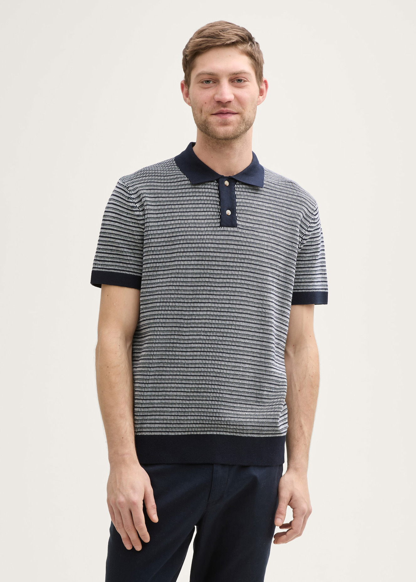 Meska Koszulka Polo Tom Tailor Knitted Cotton Polo Shirt Navy White Fancy Stripe - 1046321-37780