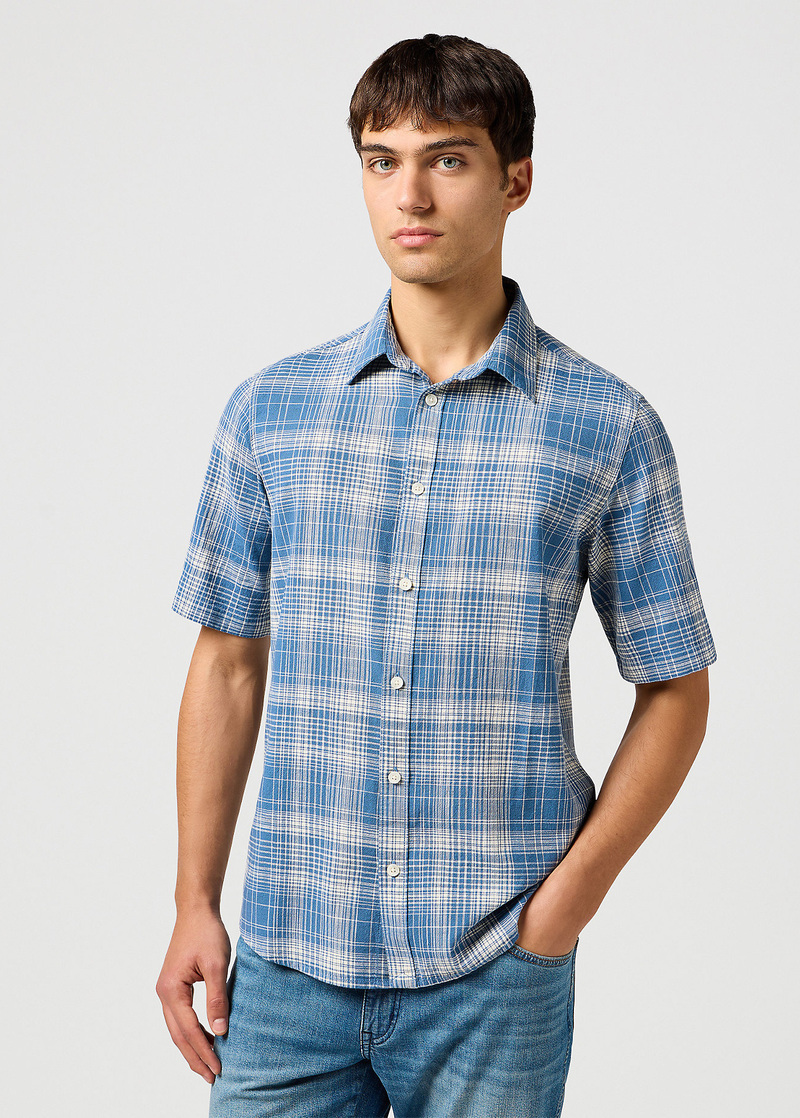 Meska Koszula Materialowe Wrangler Short Sleeve Shirt Blue Check - 112364054