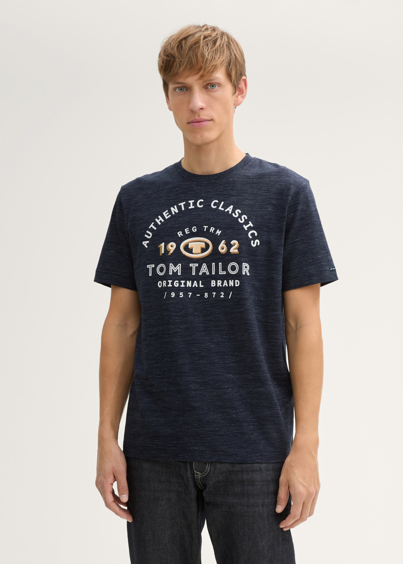 Meski T Shirt Tom Tailor T Shirt With Logo Print Sky Captain Blue Stripy Inject - 1045625-32450