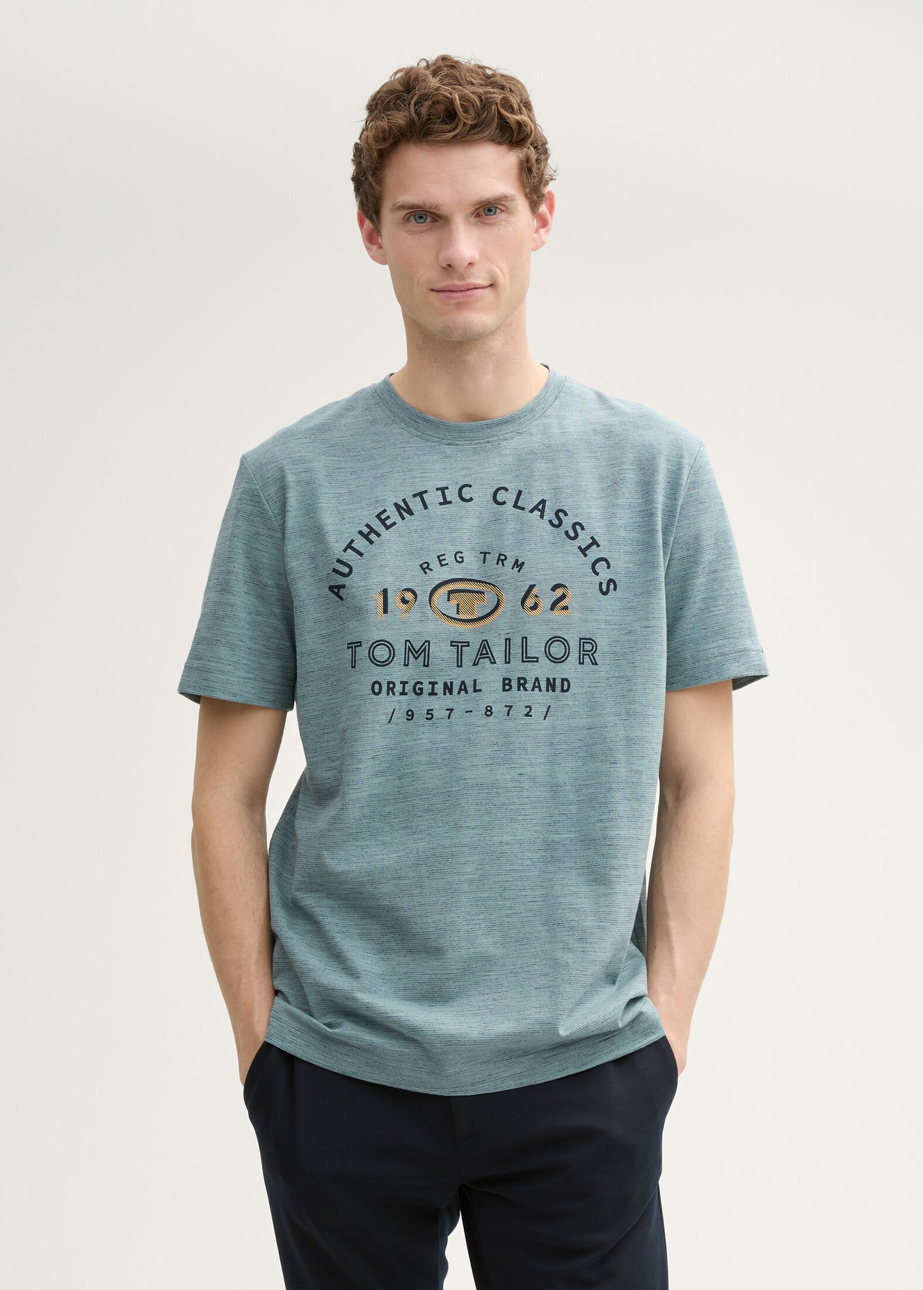 Meski T Shirt Tom Tailor T Shirt With Logo Print Grey Mint Navy Injected - 1045625-37578