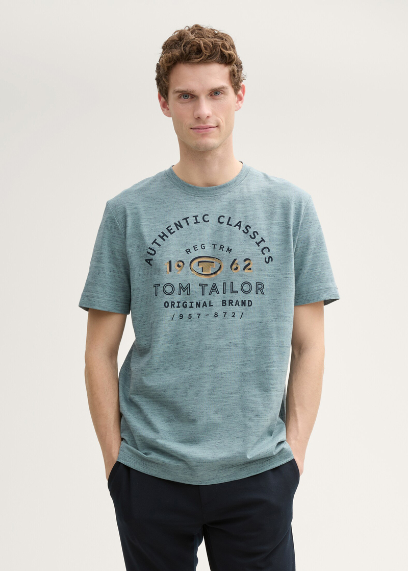 Meski T Shirt Tom Tailor T Shirt With Logo Print Grey Mint Navy Injected - 1045625-37578