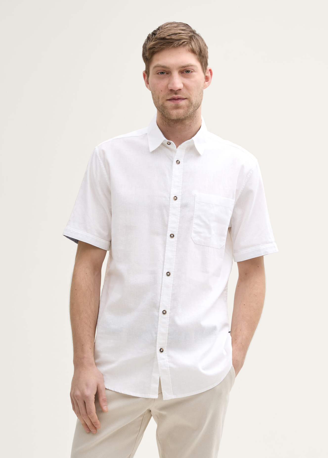 Meska Koszula Materialowe Tom Tailor Regular Fit Short Sleeve Shirt With Linen Content White - 1045098-20000