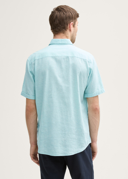 Meska Koszula Materialowe Tom Tailor Regular Fit Short Sleeve Shirt With Linen Content Pastel Turquoise Chambray - 1045098-37198