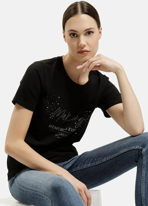 Czarny, damski t-shirt Cross Jeans z napisem 56236-020