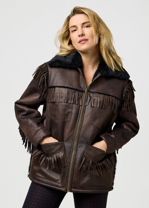 Damska Kurtka Przejsciowa Wrangler Fringe Jacket Brown Leather - 112371696