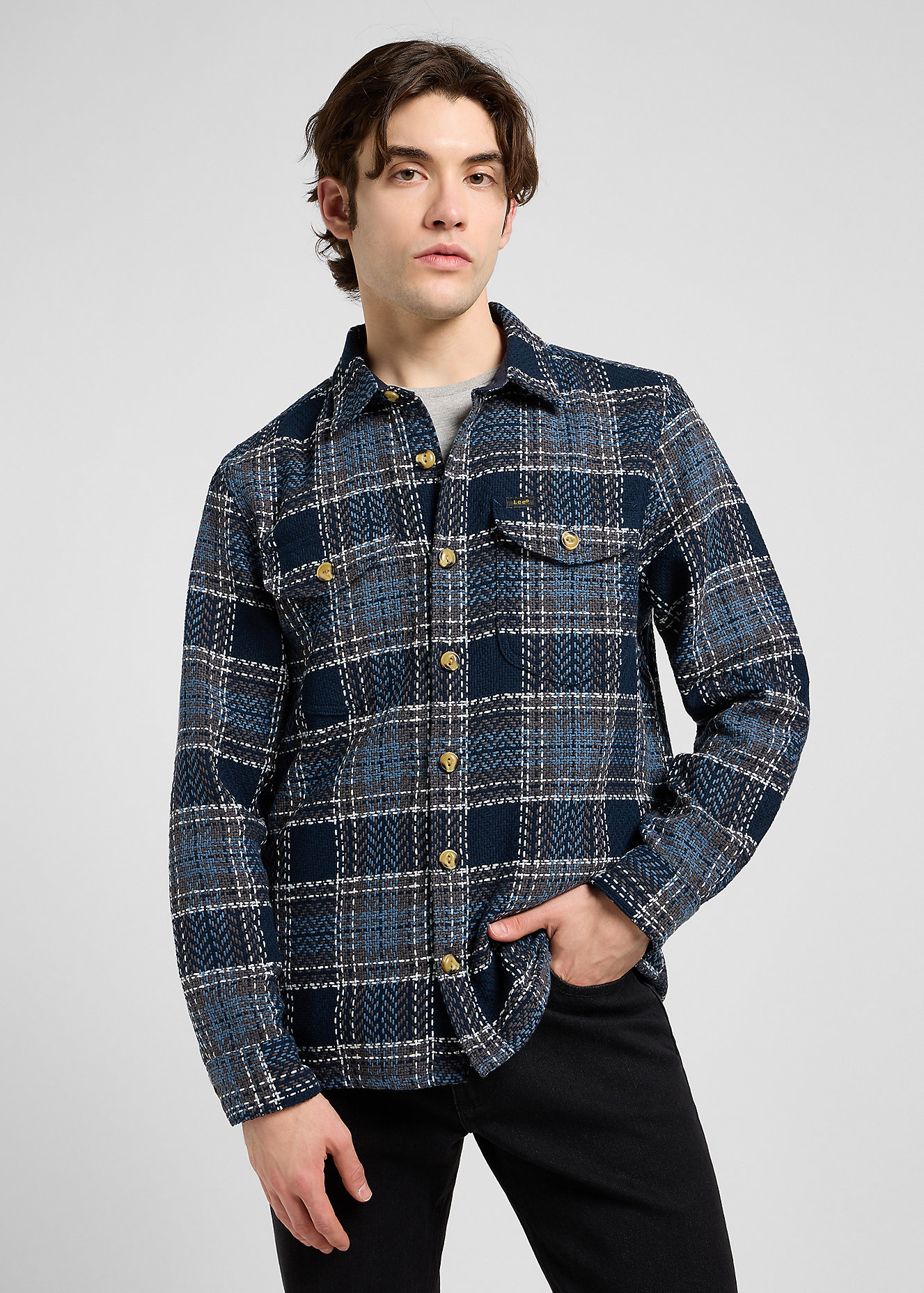 Meska Koszula Materialowe Lee Textured 2pkt Shirt Mood Indigo Grey Pla - 112372627