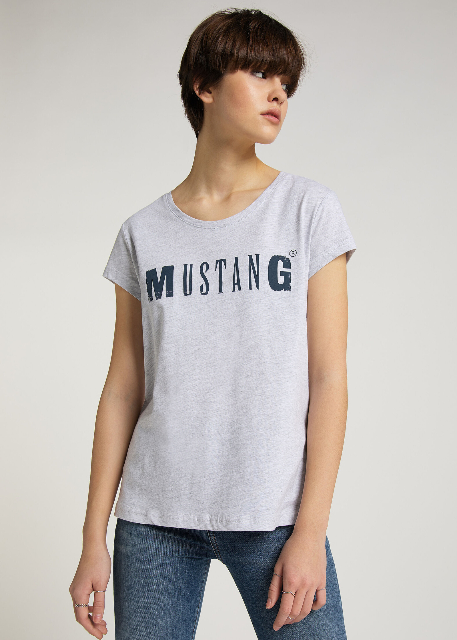Damski T Shirt Mustang Logo Tee Light Grey Melane - 1005455-4141