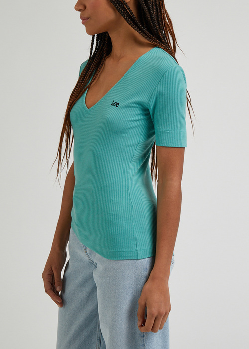 Damski T Shirt Lee V Neck Rib Dusty Jade - L49FIP41