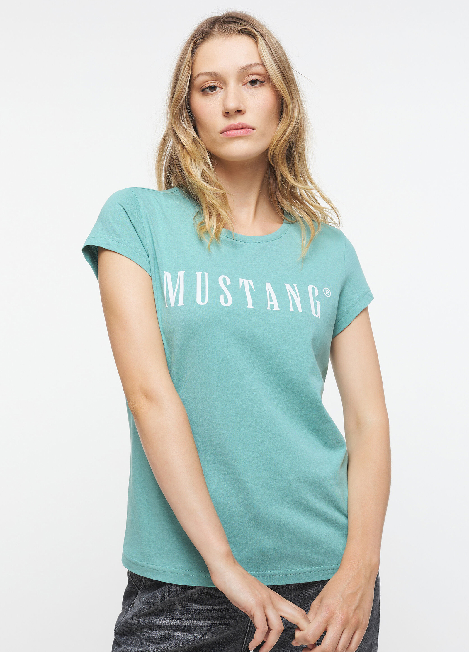 Mustang® Alina C Logo Tee - Mineral Blue Size S