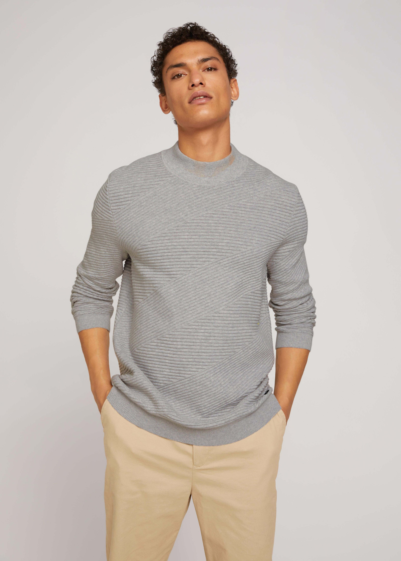 Tom Tailor® Geometric Structured Sweater - Light Stone Grey Melange Size XL