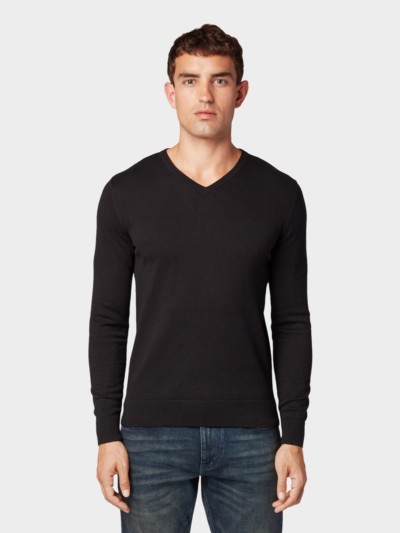 Meski Sweter Tom Tailor Basic V Neck Sweater Black - 1012820-29999