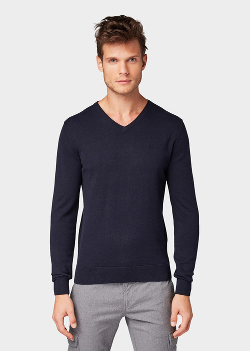 Tom Tailor Basic V Neck Sweater Knitted Navy Melange - 1012820-13160