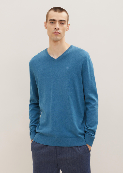 Tom Tailor Mottled Sweater With A V Neckline Medium Blue Ashes Melange - 1027300-28733