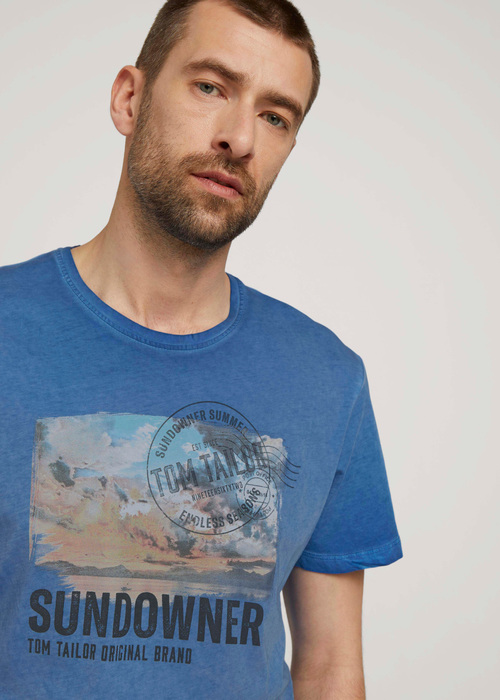 Tom Tailor Overdyed T Shirt With Print Victory Blue - 1026069-20587