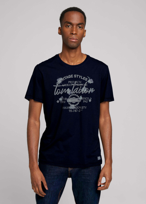 Tom Tailor Tshirt Placement Print Overdye Sky Captain Blue - 1029274-10668