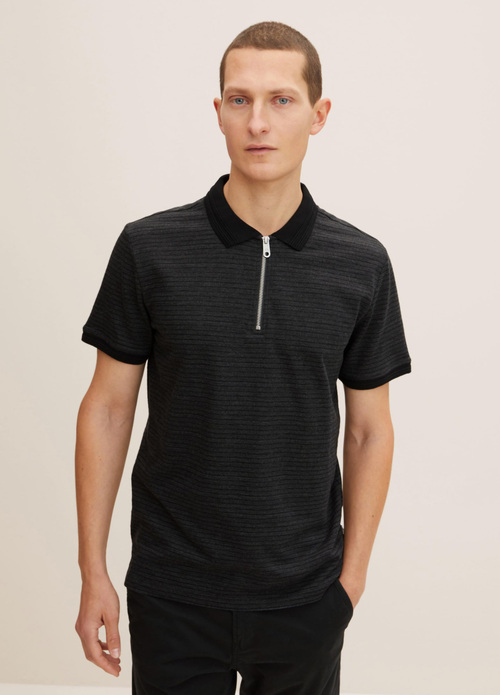 Tom Tailor Halfzip Polo Shirt Black Structured Stripe - 1031655-29797