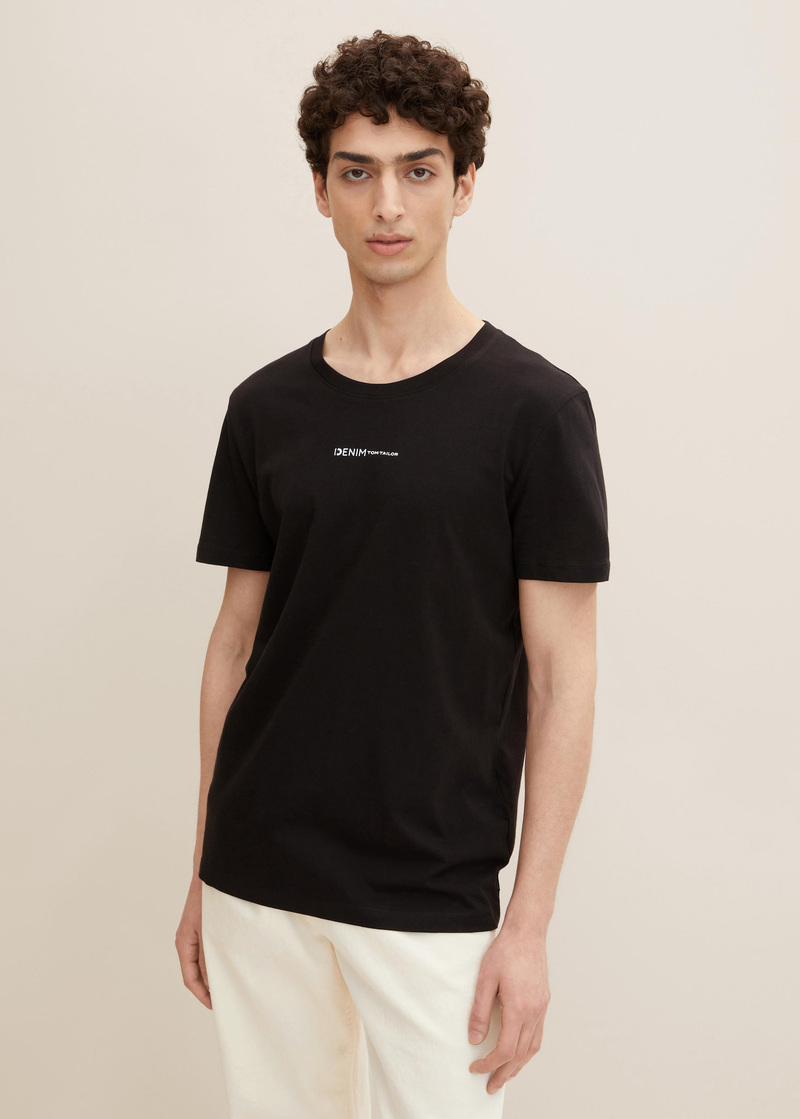 Meski T Shirt Denim Tom Tailor T Shirt With A Logo Print Black - 1032335-29999