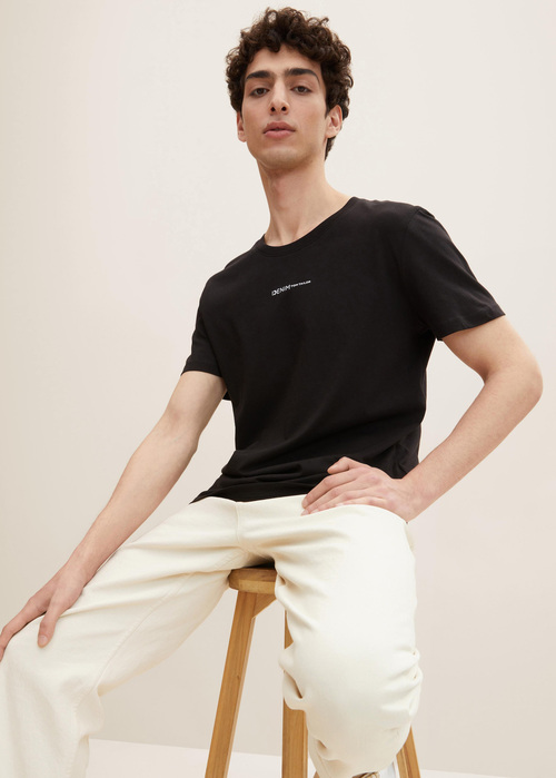 Meski T Shirt Denim Tom Tailor T Shirt With A Logo Print Black - 1032335-29999
