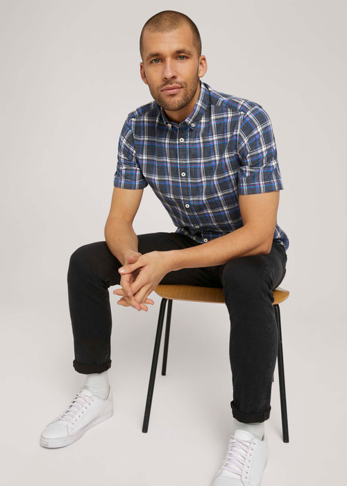 Meska Koszula Materialowe Tom Tailor Regular Space Dye Check Navy Space Yarn Check - 1026212-26399