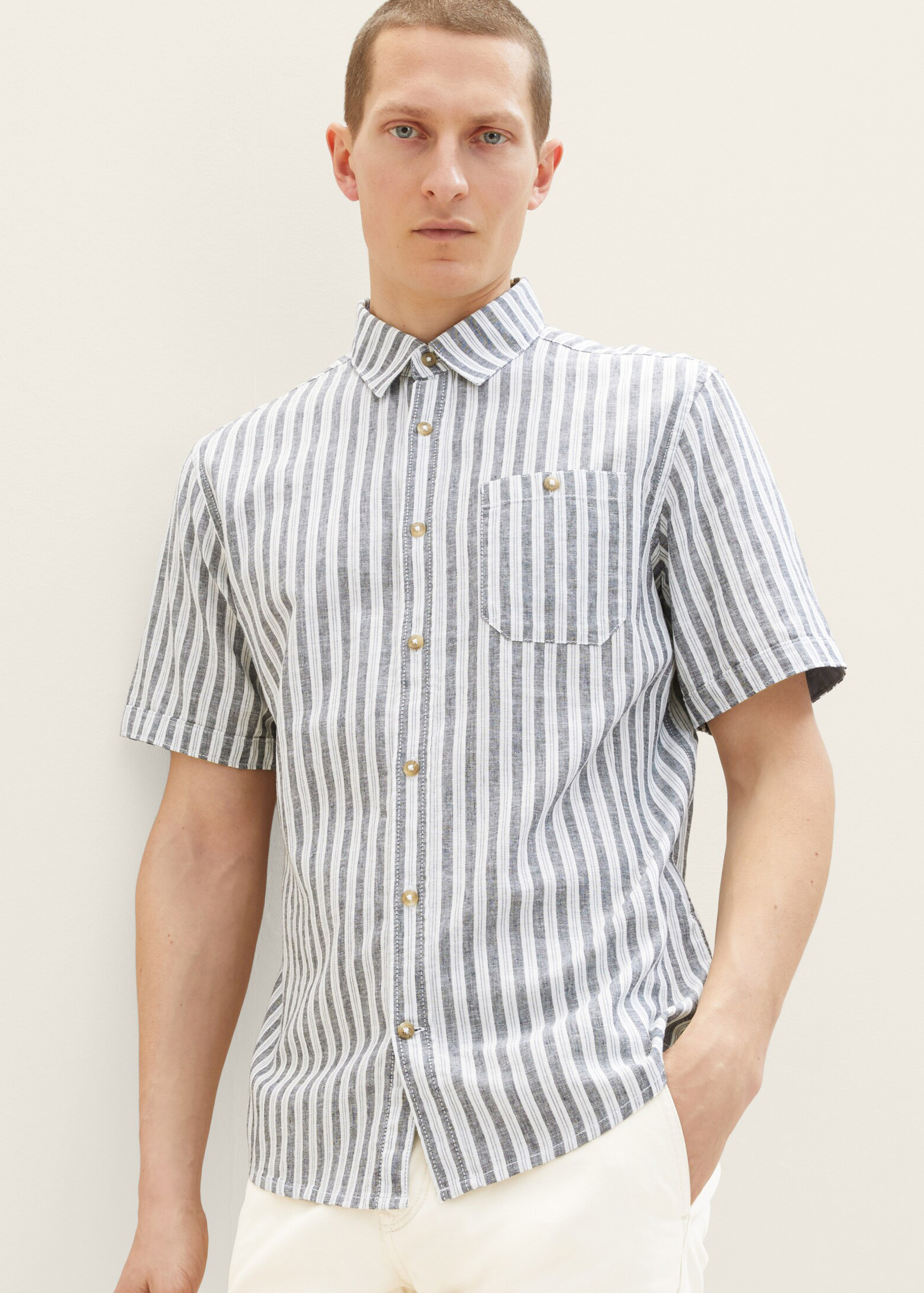 Meska Koszula Materialowe Tom Tailor Shirt Navy Bluish Green Stripe - 1034902-31242