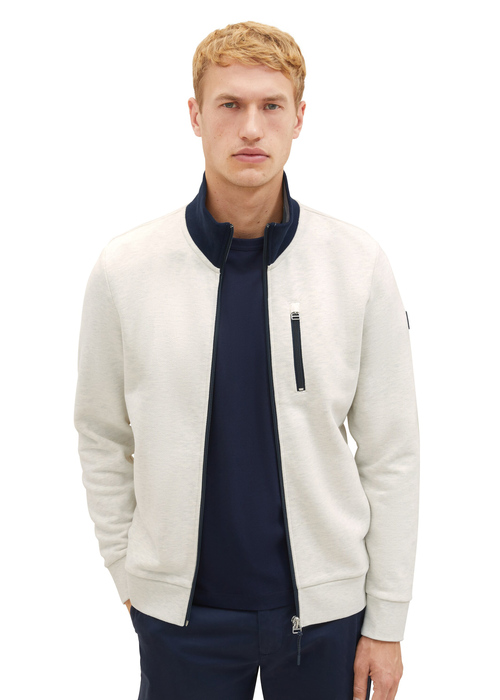 Tom Tailor Sweatshirt Jacket with a Stand-Up Collar - Vintage Beige Melange 1037819-18623 