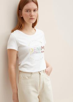 T-Shirt Damski Denim Tom Tailor® T-shirt with Logo Print - Off White (1033413-10332)