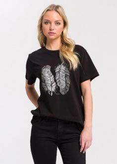 T-Shirt Damski Cross Jeans® T-shirt C-Neck 2 Feathers - Black (020) (56026-020)