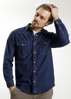 Męska Koszula Cross Jeans® 2 Pocket Denim Shirt - Dark Blue (006) (A-222-006)