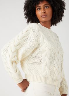Damski Sweter Wrangler® Crew Neck Cable Knitt -Worn White (W8N2RAW02)