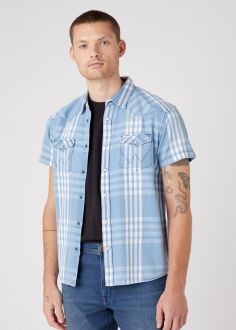 Męska Koszula Wrangler® Short Sleeve Western Shirt - Light Indigo (W5J03HX4E)